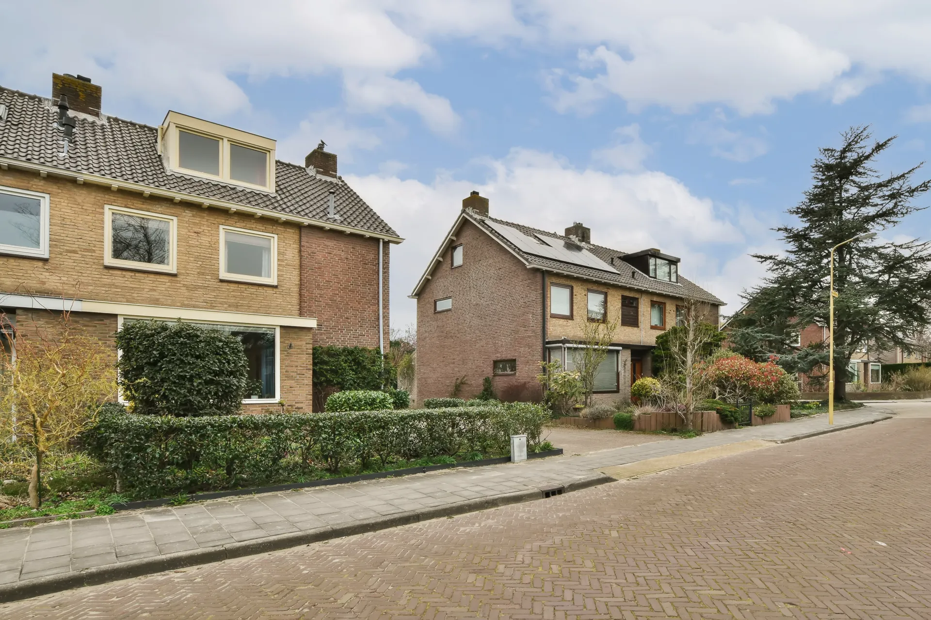 Rij woningen aan een straat met bomen